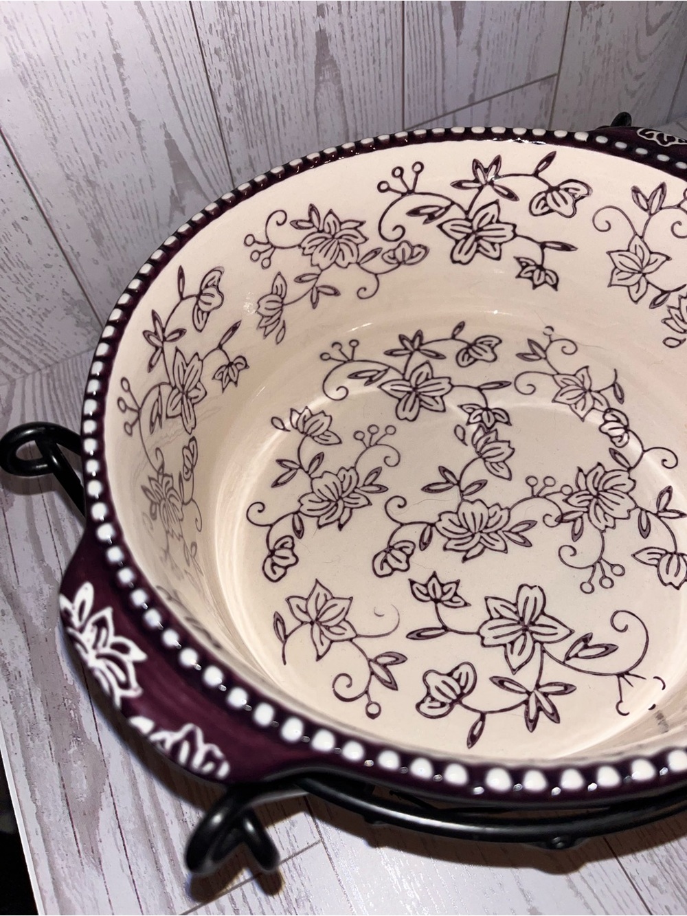 Temptations Purple and Cream Floral Ceramic Bowl with Black Metal Stand - Picture 6 of 10